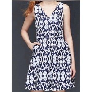 Gap 100% Linen Mini Dress Batik Ikat Blue Fit Flare Sleeveless Womens Size 6 NWT